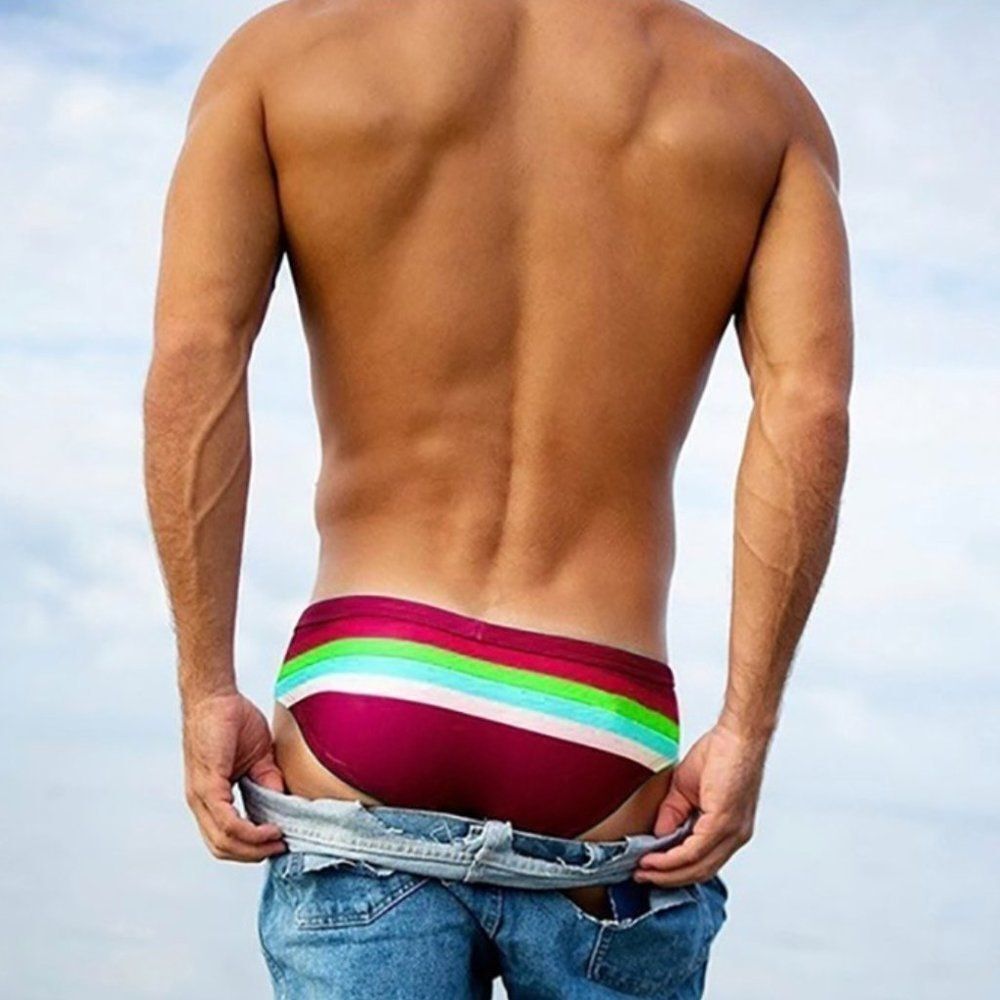 Men's Sexy Rainbow Bikini Swimsuit Resort wear Swim Briefs Red L